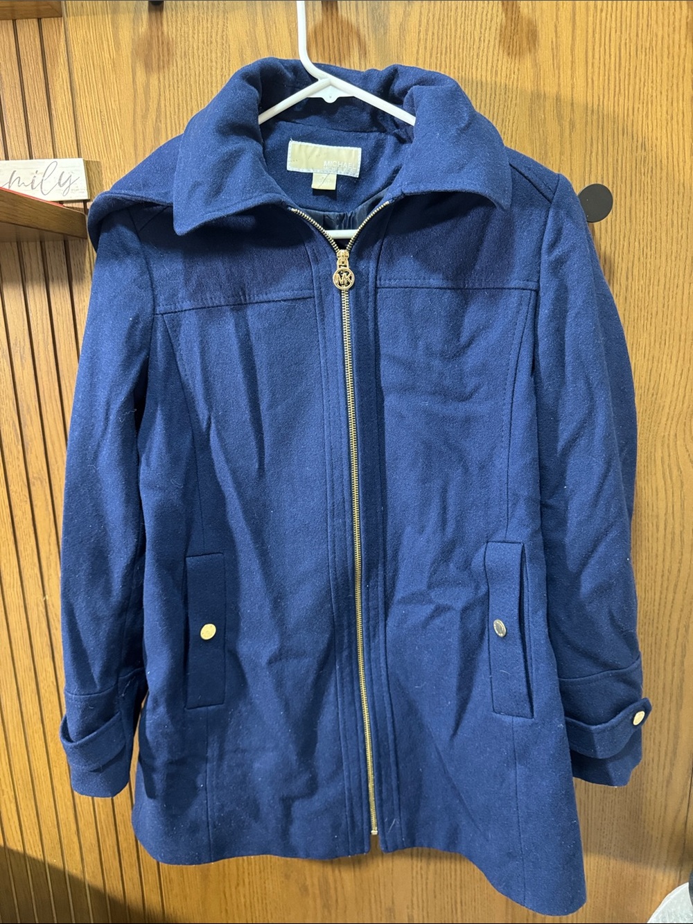 Michael Kors Navy Zip-Front Pea Coat with Gold Hardware